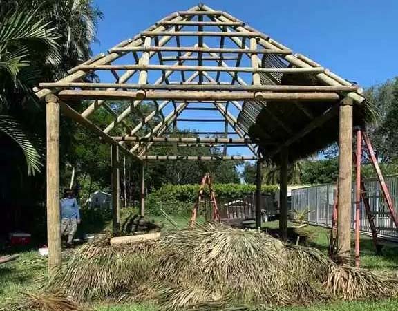 Tiki Hut Construction with Freshly Cut Palm Fronds