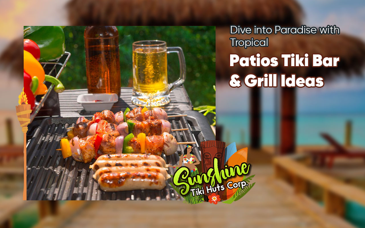 Enchanting night view of a tropical patio tiki bar with ambient lighting and vibrant decor.