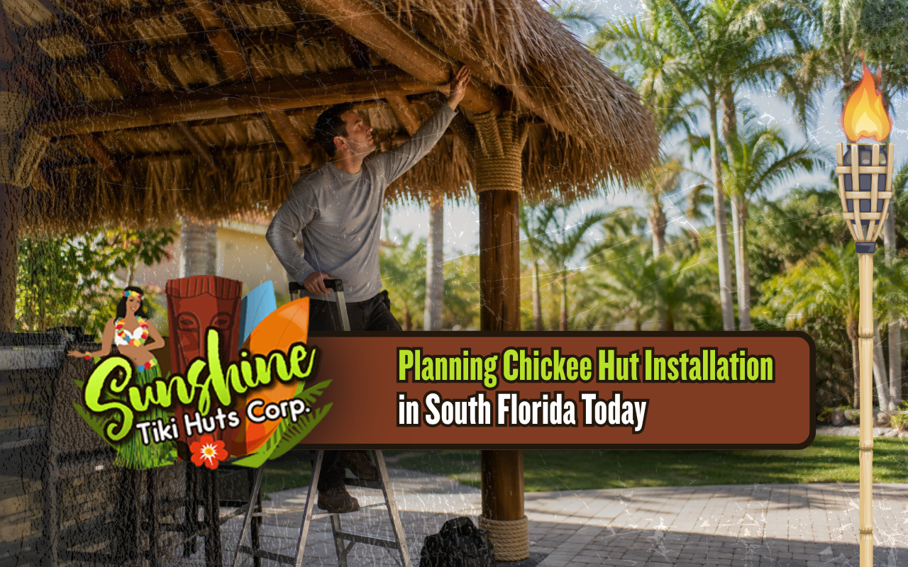 Chickee hut installation in South Florida using traditional wood and thatch construction