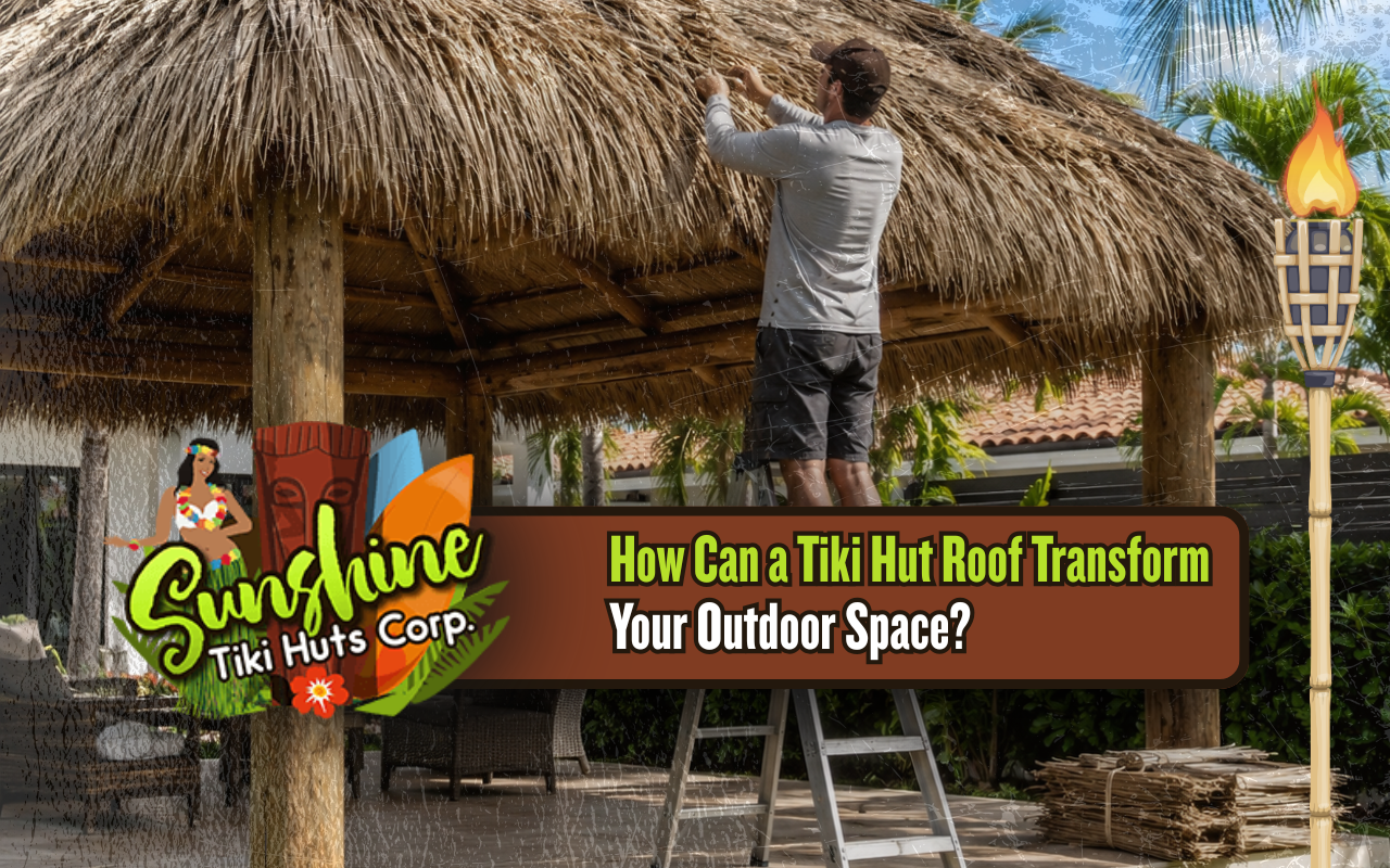 Natural tiki hut roof above an outdoor seating area
