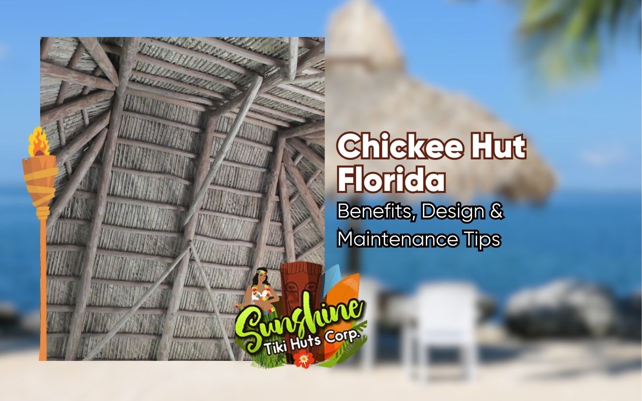 Traditional chickee hut with thatched roof surrounded by Florida landscape