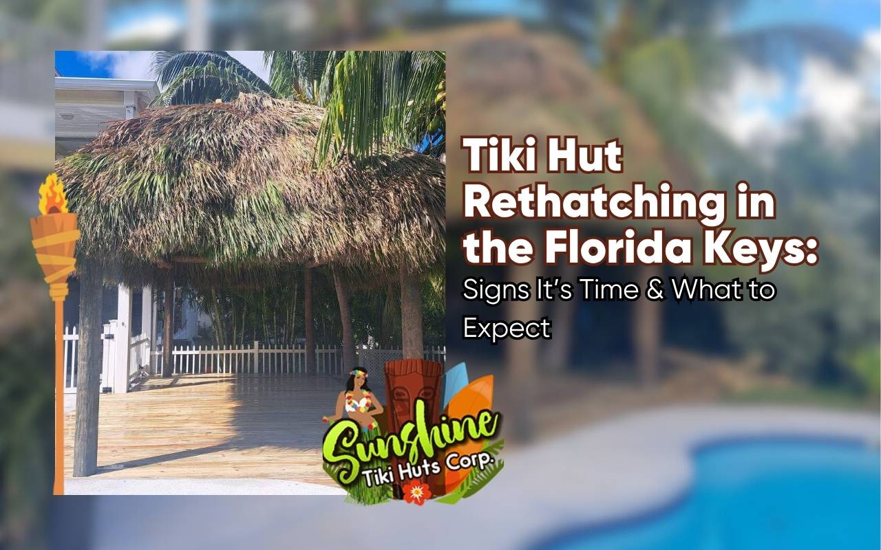 Technician inspecting roof for tiki hut rethatching Florida Keys