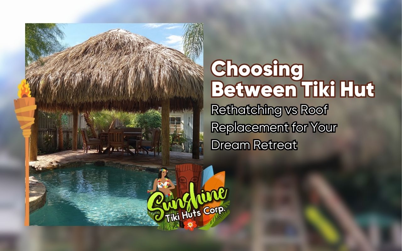 Cozy backyard oasis with a thatched tiki hut beside a clear blue pool, ideal for discussing tiki hut rethatching vs roof replacement options.