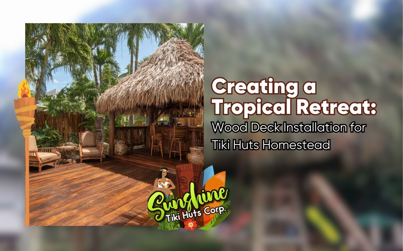 Relaxing deck under tiki hut in Homestead with soft evening lights and outdoor lounge furniture