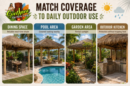 Outdoor structure coverage guide for dining spaces, pool areas, gardens, and outdoor kitchens.