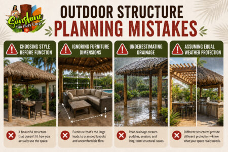 Outdoor structure planning mistakes involving function, furniture dimensions, drainage, and